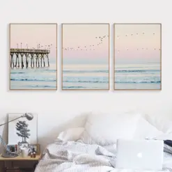 Coastal Wall Art Gallery Prints Pastel Triptych Ocean Beach Art Blush Posters Art Canvas Painting Pictures for Living Room Decor