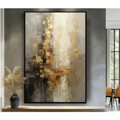 100% Hand Painted,Gold, Grey, Beige, Black ,Textured Painting, Acrylic Abstract Oil Painting, Wall Decor Living Room, Office Wal