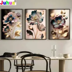 Flowers with Gold Leaves Diamond Painting triptych Full Square Round Diamond Mosaic Modern Living Room Luxurious Home Decoration