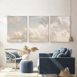 Triptych Vintage Pink Cloud Sky Landscape Scandinavian Nordic Style Poster Canvas Painting Wall Art Pictures Home Interior Decor